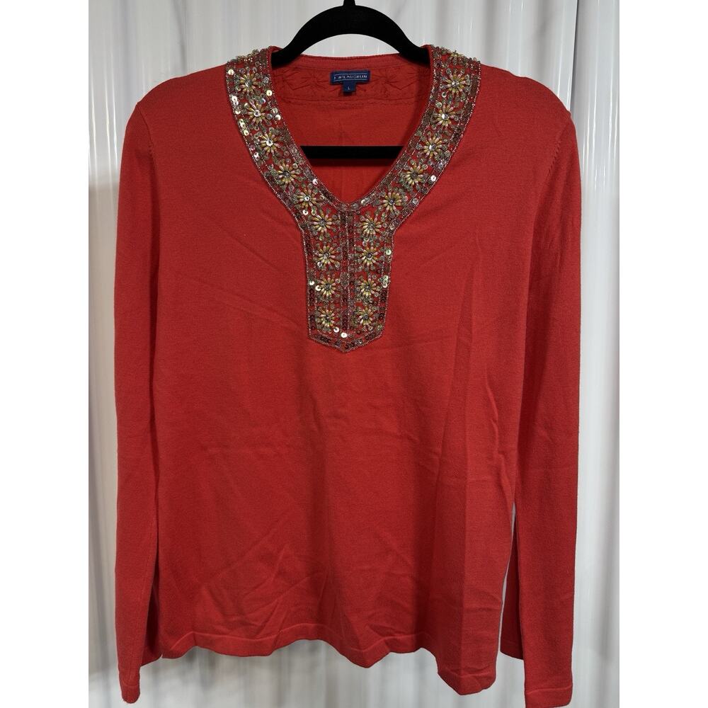 J. McLaughlin Red V-Neck Catalina Cloth Top W/ Beading Size Large